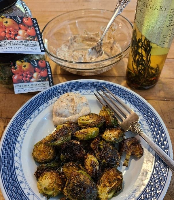 Oven Roasted Brussels Sprouts with Sundried Tomato and Horseradish Aio