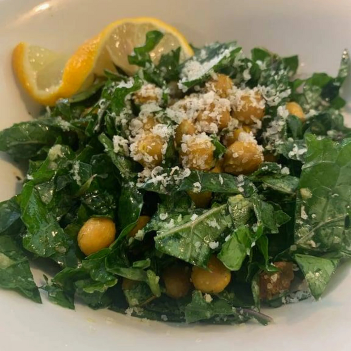 Kale Salad with curried chickpeas and lemon vinaigrette